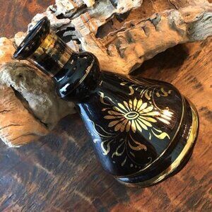 Vintage Dark Purple Glass Bottle With Gold Daisies